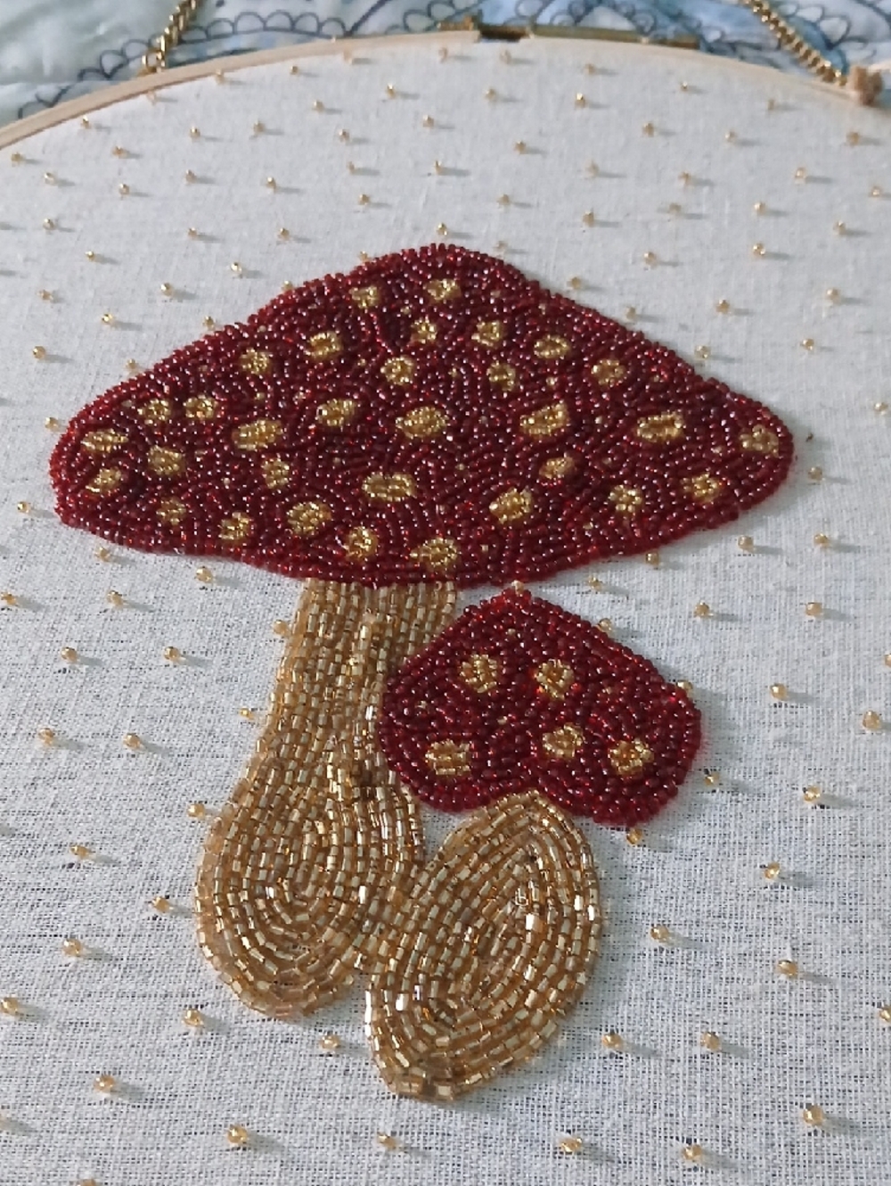 Embroidered Beaded Mushroom Hoop Wall Art - Red & Gold - Picture 2 of 6